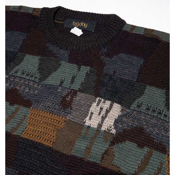 Vintage Grandpa Sweater Adult Large b.g.day Merino Wool Knit Pullover Patchwork - Picture 7 of 12